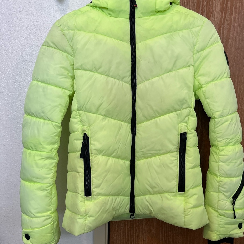 Neon Lime Puffer Jacket with Black Zippers